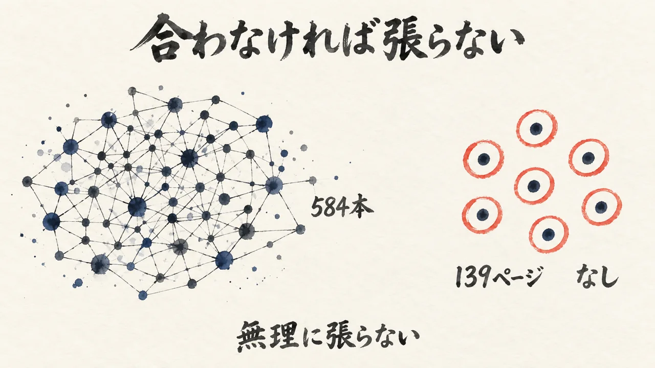 584本のリンクの網と、リンクしなかった139ページの点を分けて示す図解
