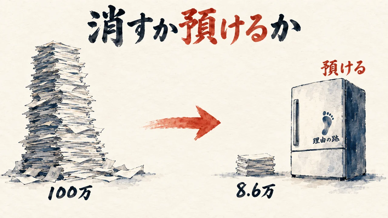 100万トークンの紙の山を8.6万に減らし、理由の跡は冷蔵庫に預ける図解