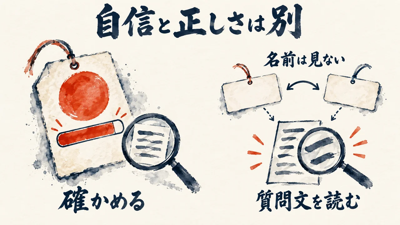 自信と正しさは別で、質問の名前ではなく質問文を読むことを示す図解