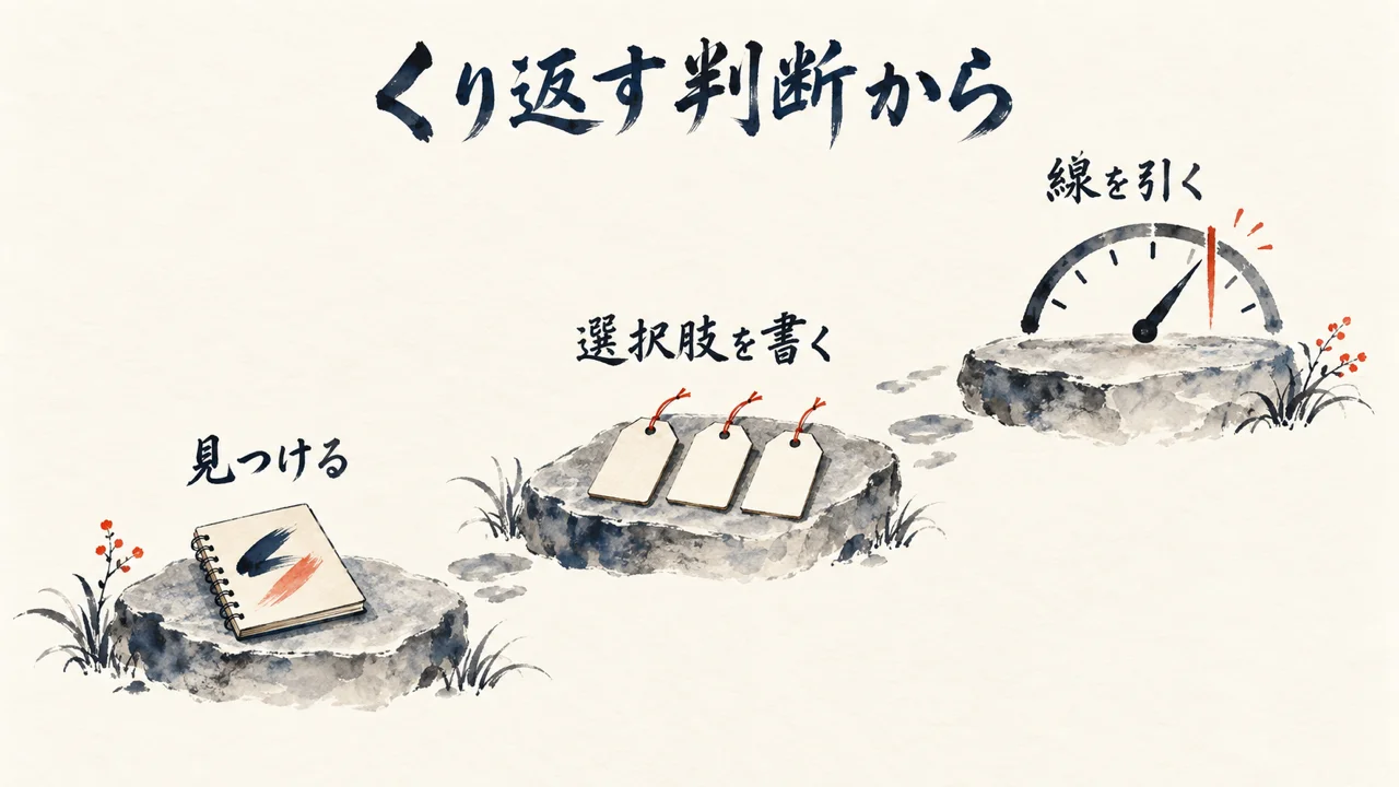 くり返す判断を見つけ、選択肢を書き、線を引く3段の石段の図解