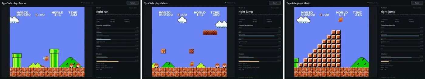 Faadil Shaikさんの動画より。マリオの状態をJSONにして操作を選ばせている（動画キャプチャ3コマ）