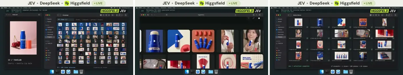 Higgsfield AIの動画より。Jevが素材を選び、生成AIが広告に仕上げる（動画キャプチャ3コマ）