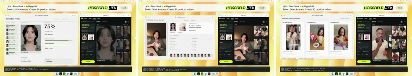 Higgsfield AIの動画より。100体のアバターから20体を選んで並列生成（動画キャプチャ3コマ）