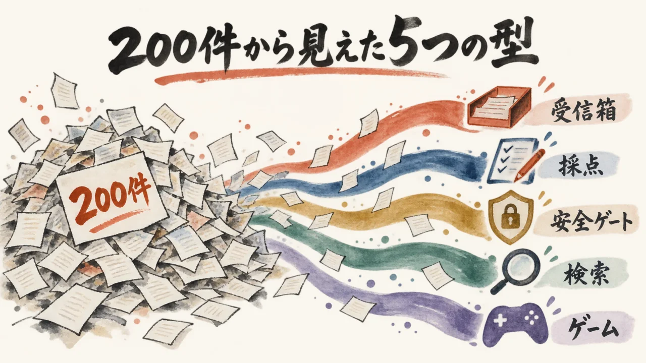200件の事例が5つの型に収束することの図解