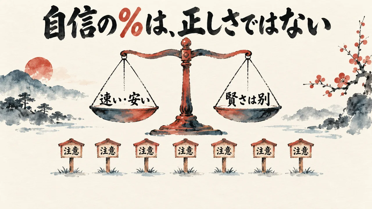 自信の％は正しさではないことを示す天秤の図解