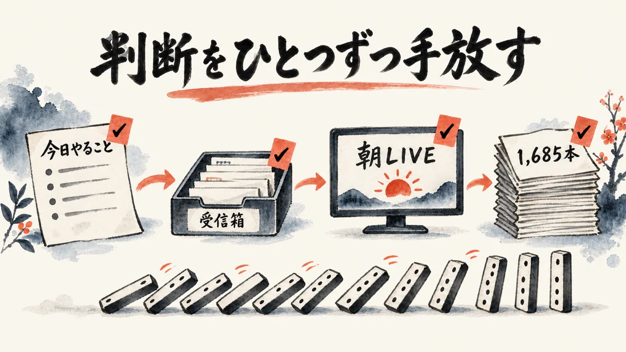 今日やること・受信箱・朝LIVE・1,685本に判定を置くことの図解