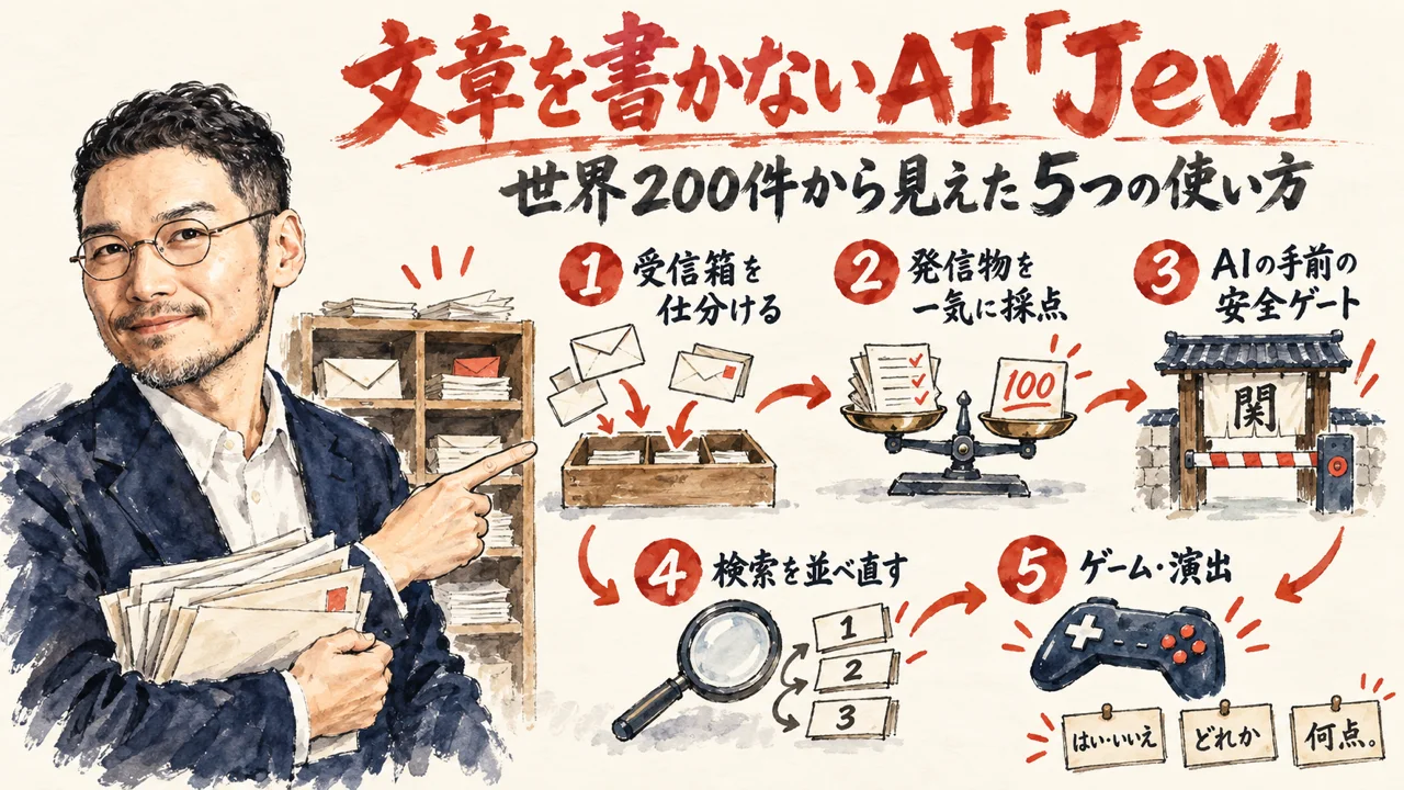 文章を書かないAI Jev の世界200件から見えた5つの使い方の全体図解