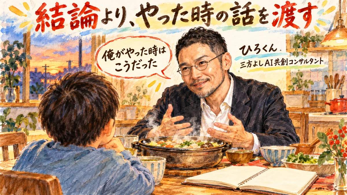夕方の台所で、ひろくんが子どもに俺がやった時はこうだったと話す