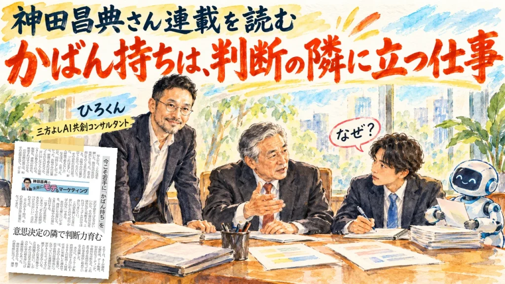 神田昌典さん連載「未来にモテるマーケティング」日経MJ切り抜きと、意思決定する経営者の隣で若手がなぜと聞き、ひろくんが見守る図