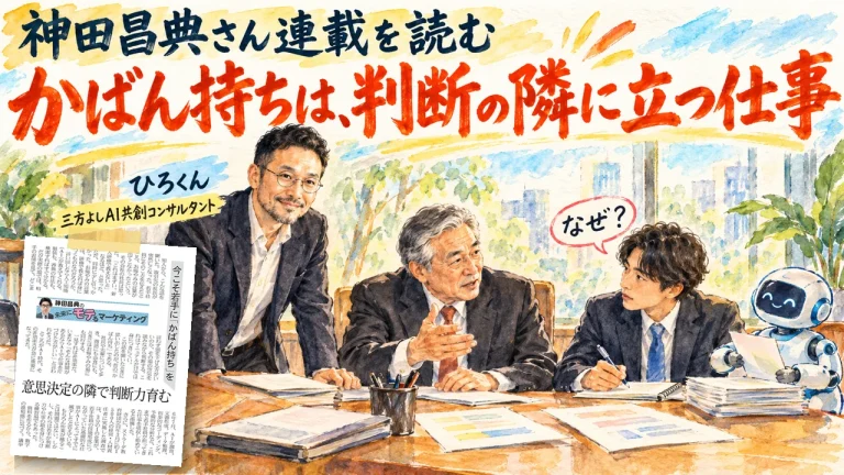 神田昌典さん連載「未来にモテるマーケティング」日経MJ切り抜きと、意思決定する経営者の隣で若手がなぜと聞き、ひろくんが見守る図