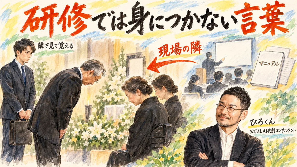 弔問の場で頭を下げる経営者と、半歩後ろで見て覚える若手。研修のマニュアルとの対比