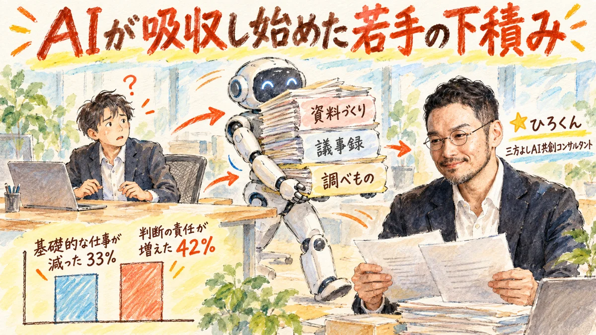 若手の机から資料づくり・議事録・調べものを運んでいくAIロボット。基礎的な仕事が減った33%、判断の責任が増えた42%のメモ