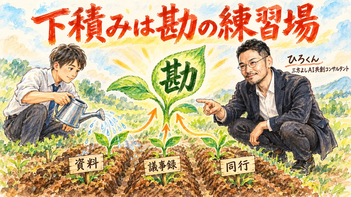 資料・議事録・同行の3つの畝から芽が伸び、勘という大きな芽に育つ畑