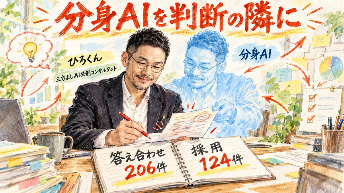 机で仕事をするひろくんの隣に半透明の分身AIが立ち、先に答えを差し出す。答え合わせ206件、採用124件のノート