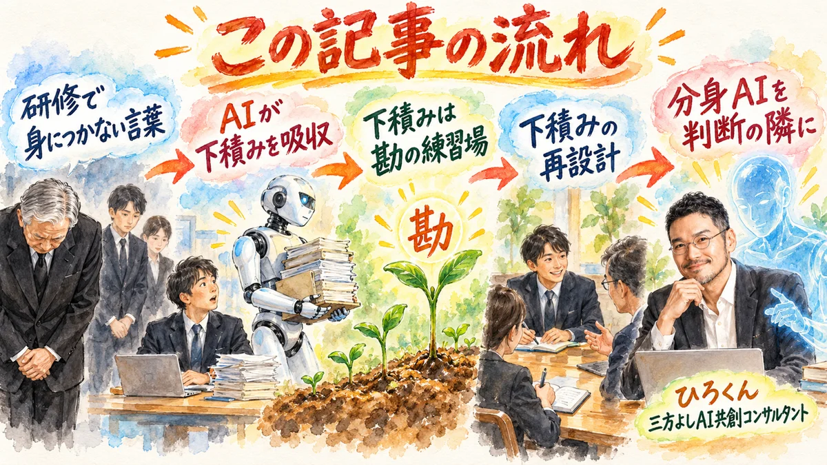 記事全体図:研修で身につかない言葉→AIが下積みを吸収→下積みは勘の練習場→下積みの再設計→分身AIを判断の隣に