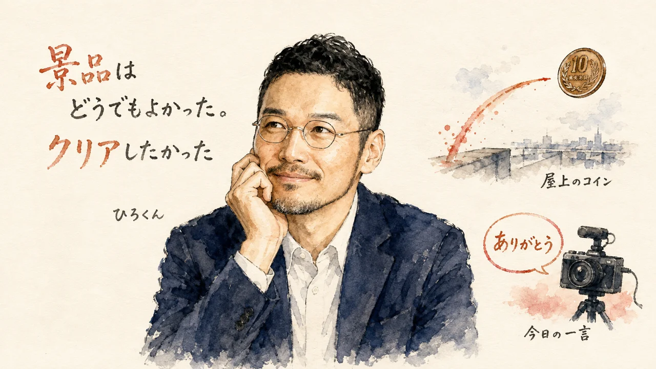 ひろくんが頬に手を添えて静かに考え込む肖像。左に「景品はどうでもよかった。クリアしたかった」の文字。右側に朱色の軌道を描くコインの情景（ラベル「屋上のコイン」）と、配信カメラに「ありがとう」の吹き出し（ラベル「今日の一言」）を並べたコラム図解