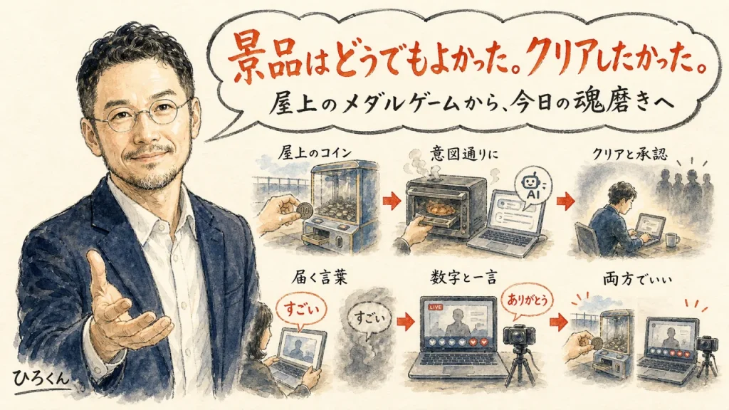 ひろくんが左側に立ち、頭上の吹き出しに「景品はどうでもよかった。クリアしたかった。屋上のメダルゲームから、今日の魂磨きへ」の文字。右側に屋上のコイン・調理家電とAI・作業に没頭する人影と見守る人影・届く「すごい」の言葉・配信画面とありがとうコメント・二つの場面を並べた結び、の6場面を矢印でつないだ全体図解