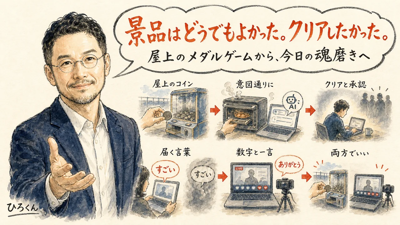 ひろくんが左側に立ち、頭上の吹き出しに「景品はどうでもよかった。クリアしたかった。屋上のメダルゲームから、今日の魂磨きへ」の文字。右側に屋上のコイン・調理家電とAI・作業に没頭する人影と見守る人影・届く「すごい」の言葉・配信画面とありがとうコメント・二つの場面を並べた結び、の6場面を矢印でつないだ全体図解
