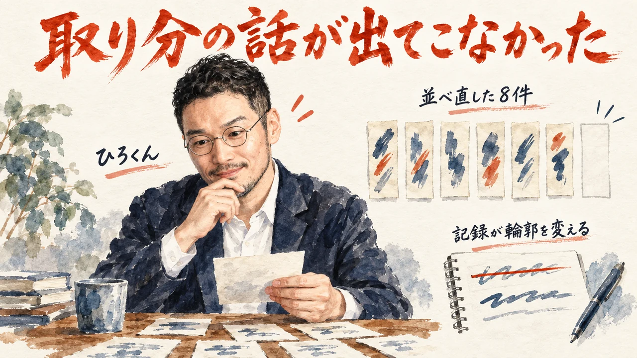 机に並べた記録の紙片を手に取るひろくん。上に「取り分の話が出てこなかった」、右上に「並べ直した8件」の記録の列、右下に「記録が輪郭を変える」と訂正の入ったノートを置いたコラム図解