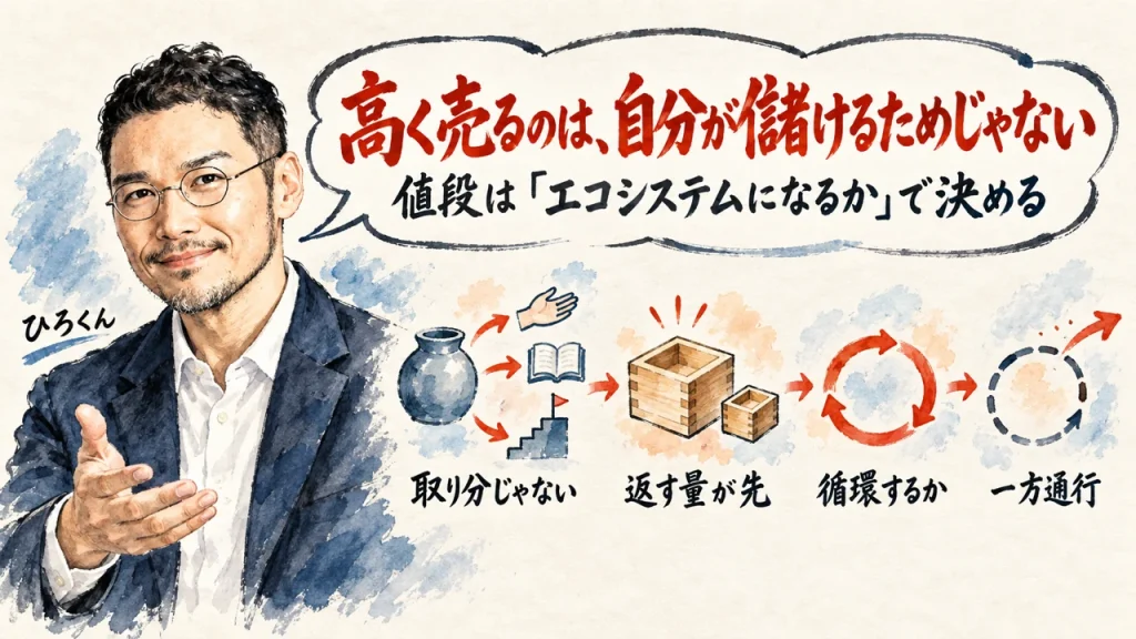 値段はエコシステムになるかで決めるという記事の全体像。取り分じゃないことを示す器、返す量が先であることを示す大小の升、循環するかを示す輪、一方通行を示す切れた輪を左から並べ、ひろくんが左端に立つアイキャッチ