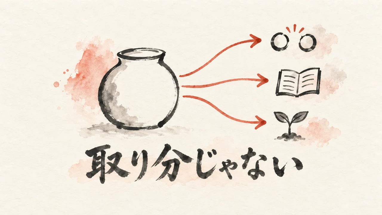 墨で描いた器から朱色の矢印が三方向へ伸び、向き合う二つの輪・開いた本・芽へ向かう。下に「取り分じゃない」と書かれた概念図