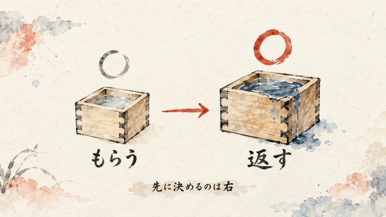小さな升「もらう」から朱の矢印が伸び、大きな升「返す」が水であふれている。下に「先に決めるのは右」と書かれた概念図