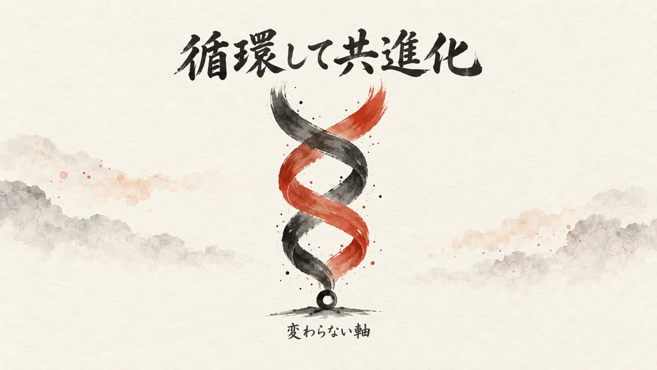 墨色と朱色の二本の帯が絡み合いながら同じ高さまで伸び、根元に「変わらない軸」の錨がある。上に「循環して共進化」と書かれた概念図