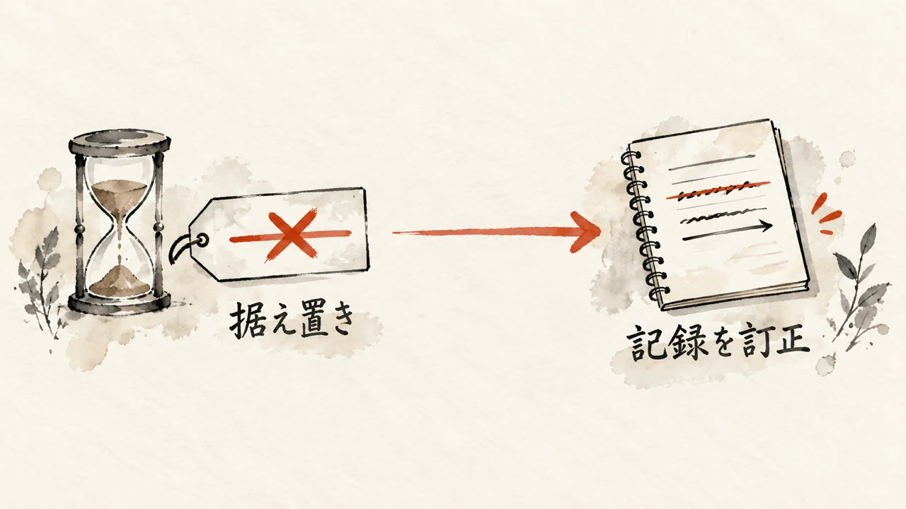 砂時計の横にある値札に朱の×が重なり「据え置き」、朱の矢印の先でノートの一行が朱で訂正されている「記録を訂正」の概念図