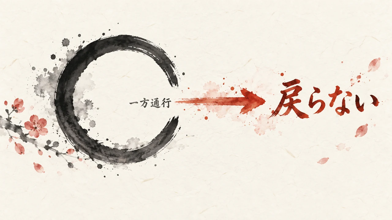 墨で描いた輪が右側で途切れ、「一方通行」と書かれた朱色の矢印がそこから外へ抜けていき、その先に「戻らない」と書かれた概念図