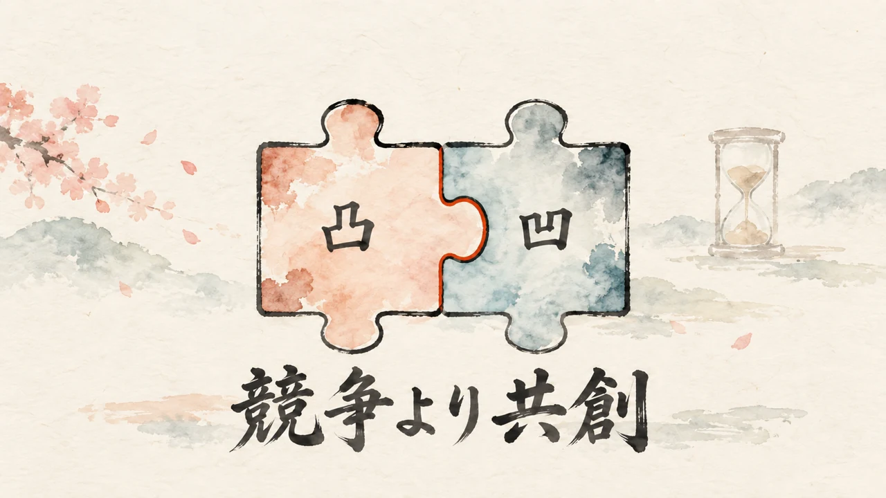 「凸」と書かれた朱色のピースと「凹」と書かれた藍色のピースがかみ合い、下に「競争より共創」と書かれた概念図