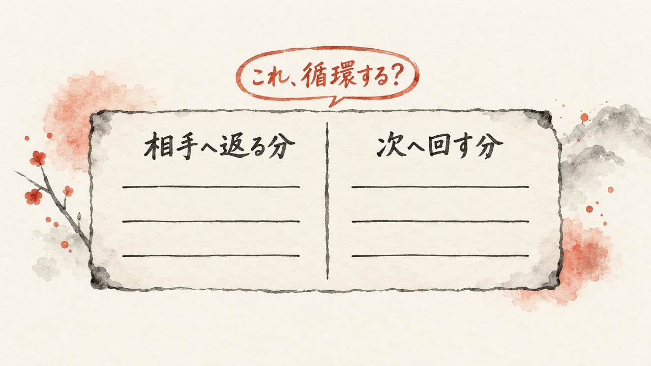 「相手へ返る分」と「次へ回す分」の二列に分かれた空欄のワークシートの上に、「これ、循環する？」という朱色の吹き出しが乗っている概念図