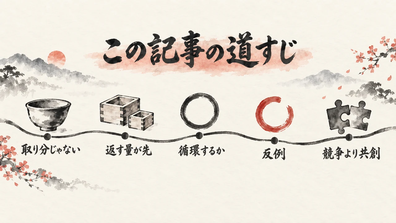 一本の道の上に五つの地点が並び、器「取り分じゃない」・大小の升「返す量が先」・閉じた輪「循環するか」・朱色の切れた輪「反例」・噛み合ったパズル「競争より共創」が左から右へ続く。上に「この記事の道すじ」と書かれた全体図解