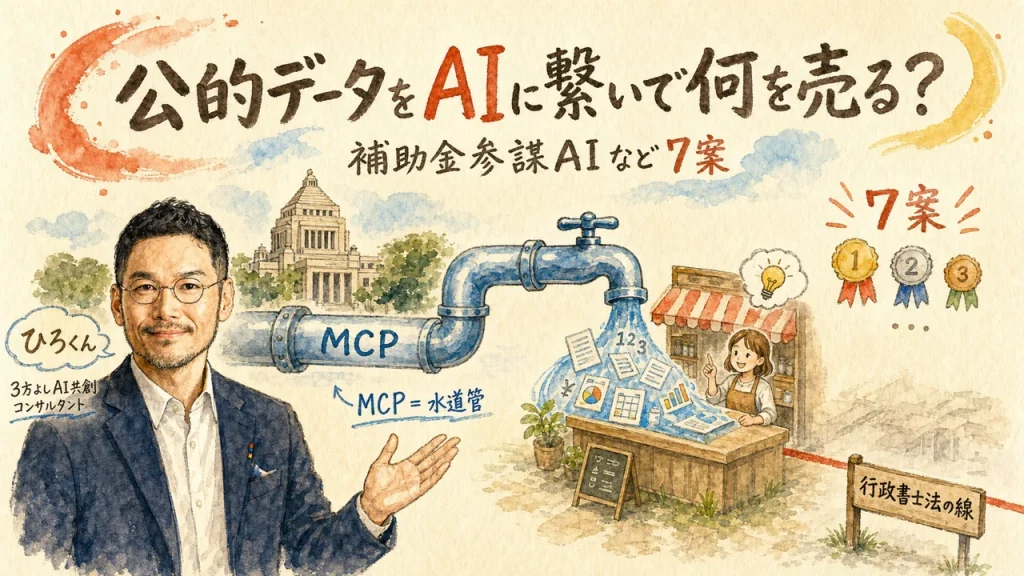 公的データをAIに繋いで何を売る？補助金参謀AIなど7案と行政書士法の線（水彩イラスト・MCPは水道管）