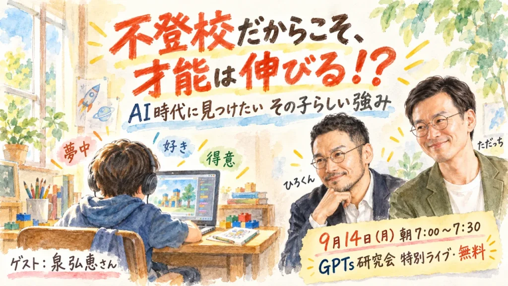 不登校だからこそ、才能は伸びる！？ 夢中になる子どもの後ろ姿と、ひろくん・ただっち。9月14日（月）朝7:00 GPTs研究会特別LIVE