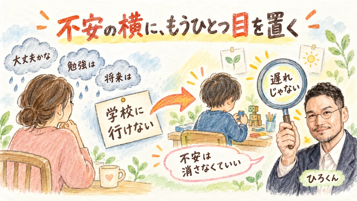 不安の横に、もうひとつ目を置く。3つの不安の雲と、子どもの夢中を見つめる虫めがね