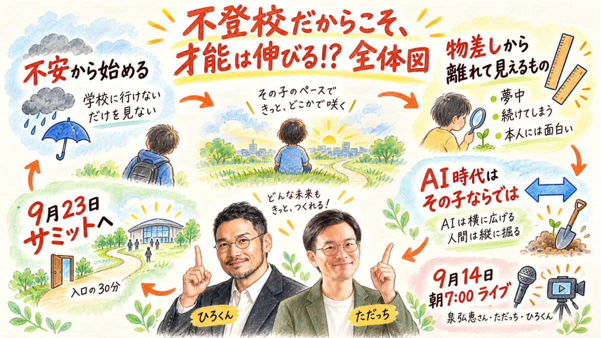 記事全体図：不安から始める→物差しから離れて見えるもの→AI時代はその子ならでは→9月14日朝7:00LIVE→9月23日サミットへ