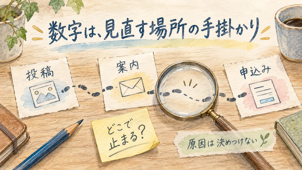 投稿から案内、案内から申込へ進む動きを分けて調べ、見直す箇所を考える図解