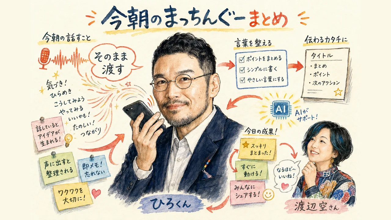 今朝のまっちんぐーで起きたことのまとめ｜声で話した内容がそのままAIに渡って文章になる流れのグラフィックレコーディング