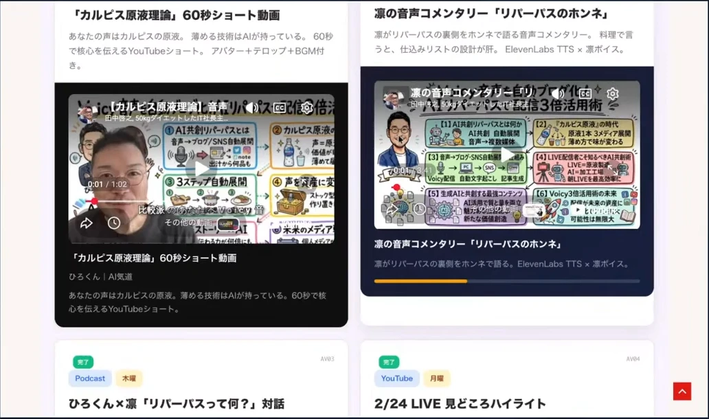 LIVEで803記事の話をしていた時に画面共有していた、AIと作ったコンテンツの一覧ページ