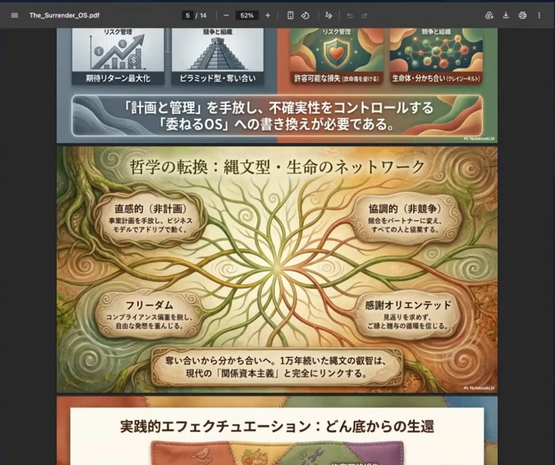 LIVEで画面共有していた資料「委ねるOS」のページ。計画と管理を手放すという図