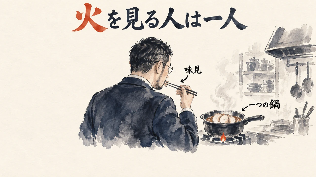 厨房で鍋の横に立ち、味見をするひろくんの後ろ姿。火を見る人は一人