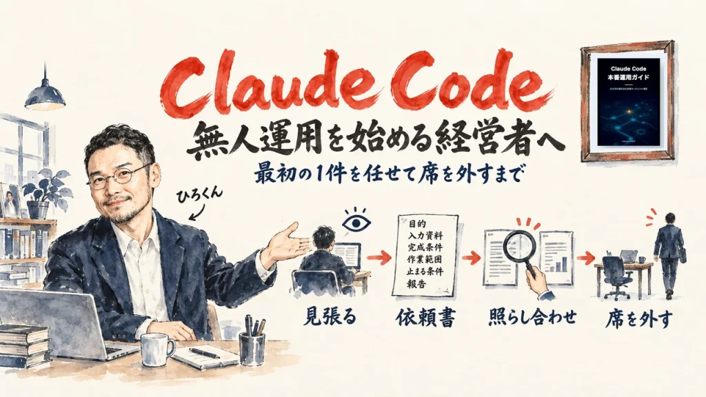 ひろくんが、Claude Code 無人運用の流れ（見張る・依頼書・照らし合わせ・席を外す）を紹介する全容図。壁の額縁に元ネタのZenn本の表紙