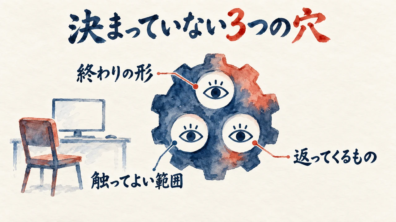 決まっていない3つの穴。終わりの形・触ってよい範囲・返ってくるものが決まっていないと見張りが続く図