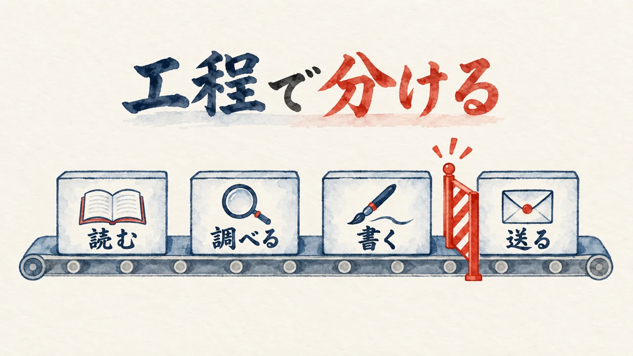工程で分ける。読む・調べる・書くは流し、送るの手前だけ遮断機で止める図