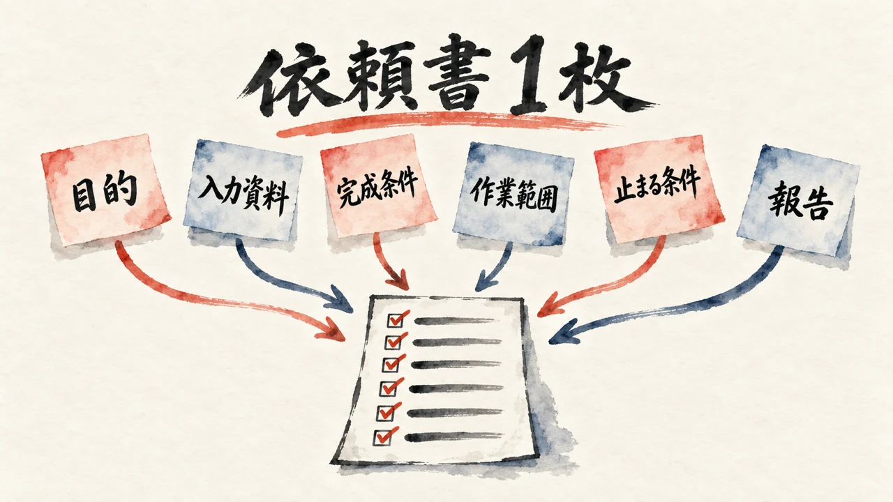 依頼書1枚。目的・入力資料・完成条件・作業範囲・止まる条件・報告の6つを1枚にまとめる図
