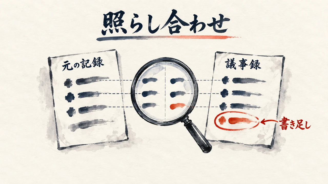 照らし合わせ。元の記録と議事録を虫眼鏡で見比べ、書き足しを見つける図