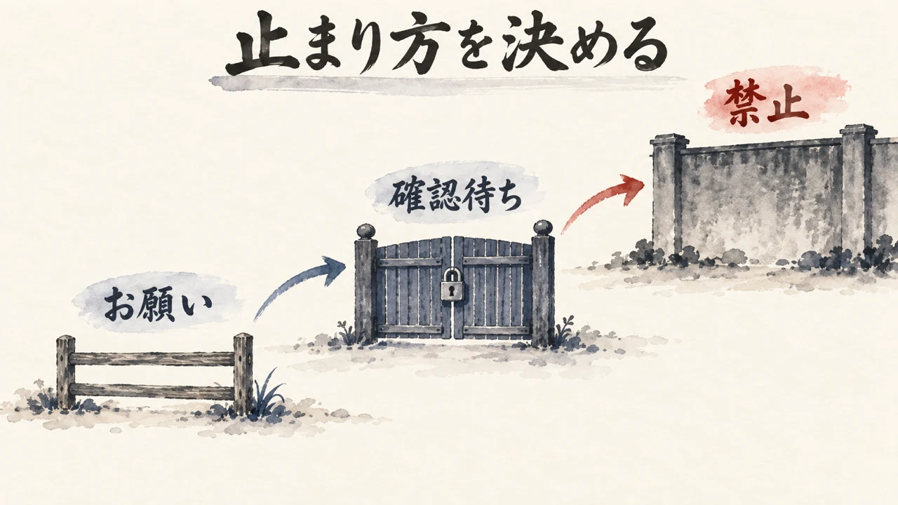 止まり方を決める。お願いは低い柵、確認待ちは鍵つき扉、禁止は高い壁で表した図