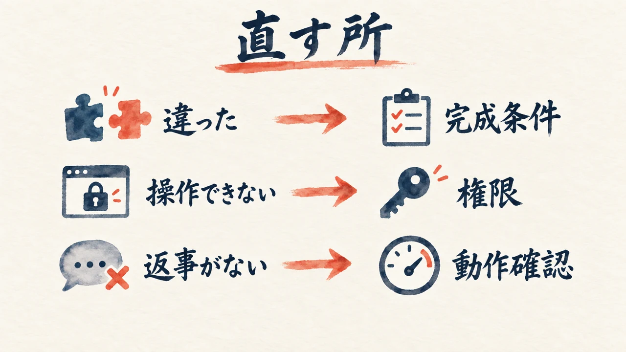 直す所。違ったら完成条件、操作できないなら権限、返事がないなら動作確認を見る図