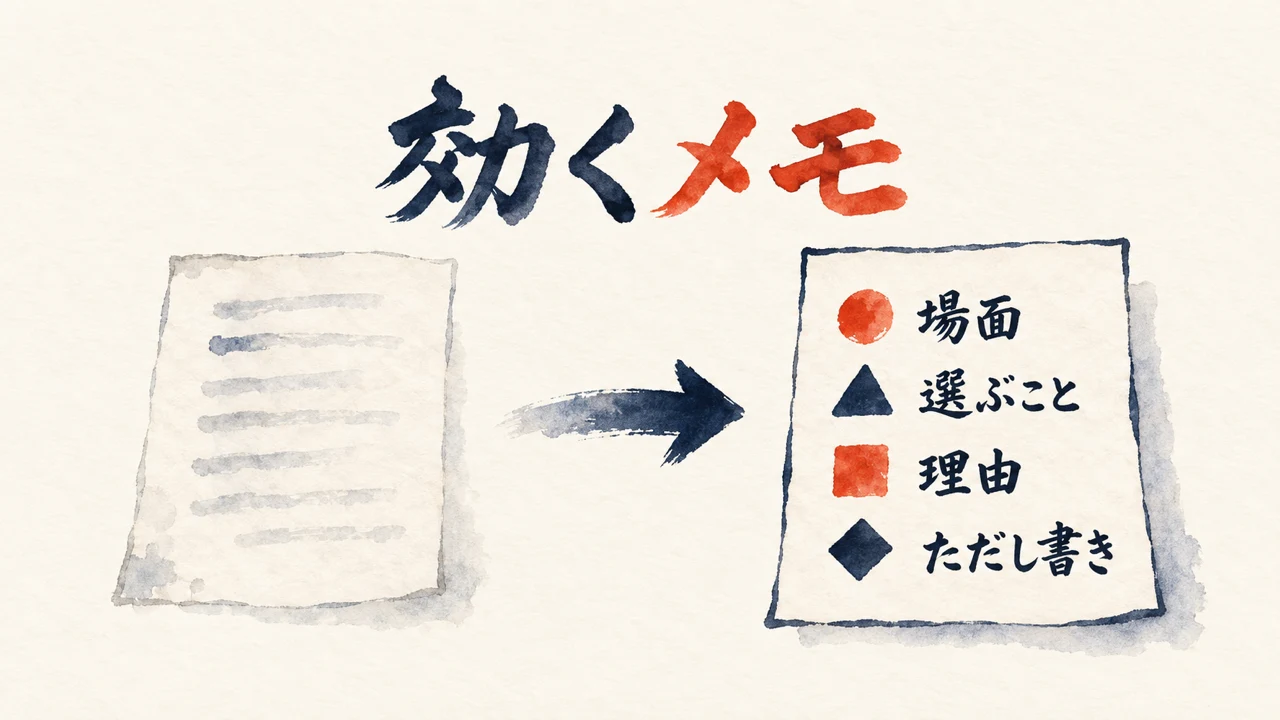 効くメモ。場面・選ぶこと・理由・ただし書きの4つを持つメモに変える図