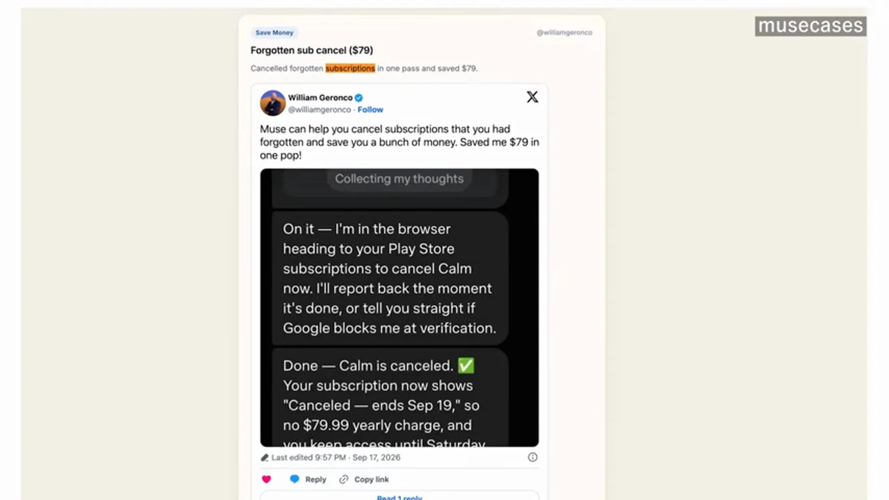 動画キャプチャ: 「Forgotten sub cancel ($79)」——Museが忘れていたサブスクを解約して$79を節約したという投稿（2:18頃）
